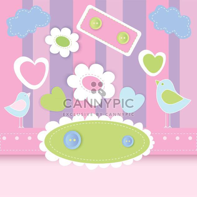 Vector illustration of striped pink background with cute birds and flowers - vector gratuit #126157 