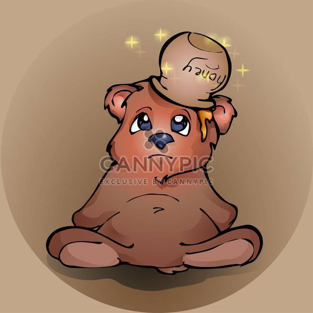Upset teddy bear with honey on head on brown background - vector gratuit #127697 