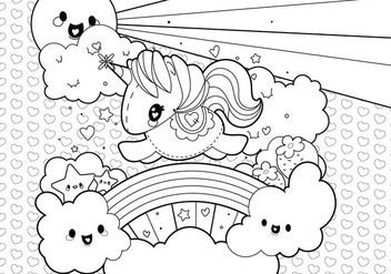 Rainbow Unicorn Scene Coloring Page - Free vector #329547