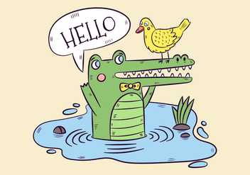 Cute Green Alligator And Yellow Duck With Speech Bubble - vector #438627 gratis