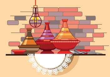 Moroccan Tajine Collection with Spoon and Fork in Front of Restaurant Wall - бесплатный vector #442277