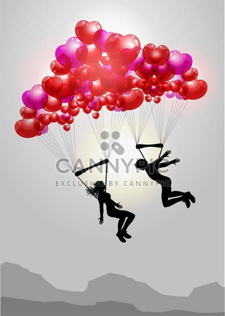 Couple flying on parachutes made of hearts - Free vector #127227