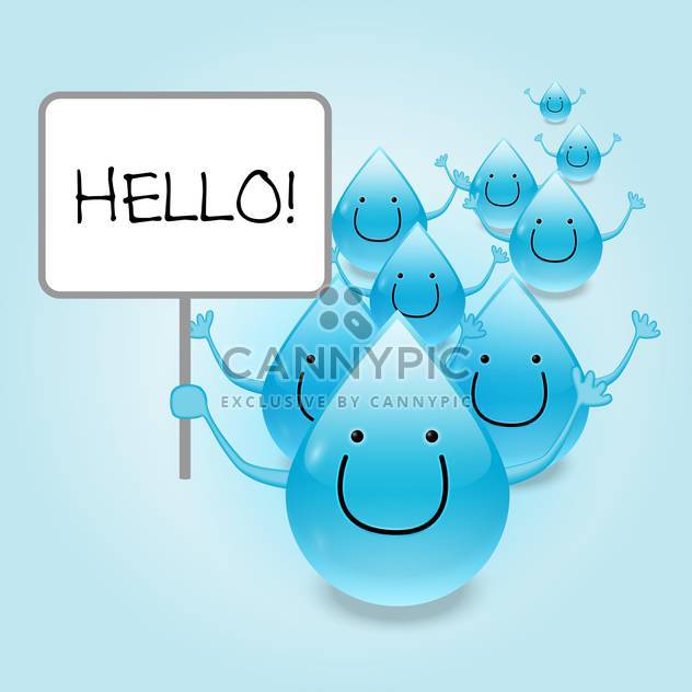 Vector Illustration of water drops cartoon characters holding Hello sign - Free vector #129427