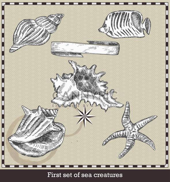 set of sea fish, seashell and starfish in retro style - бесплатный vector #135117