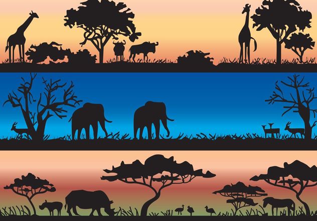 Vector Silhouettes With African Wild Animals and Acacia Trees - vector gratuit #157707 