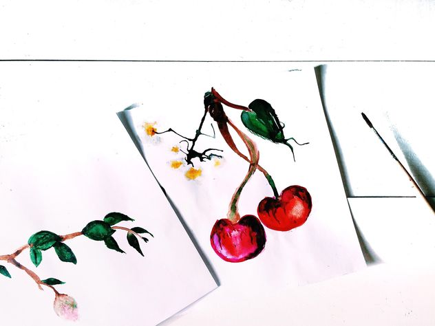 Cherries drawn on white paper - бесплатный image #184247