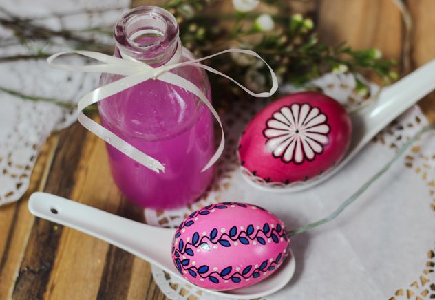 Easter eggs and bottle of pink liquid - Free image #187447
