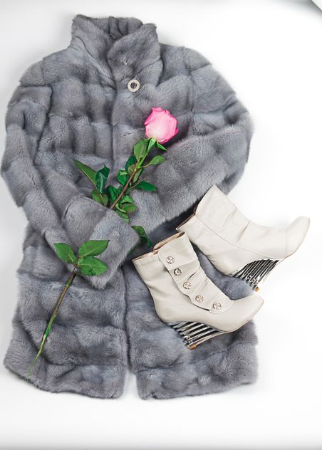 Warm fur coat, boots and rose on white background - image gratuit #272537 