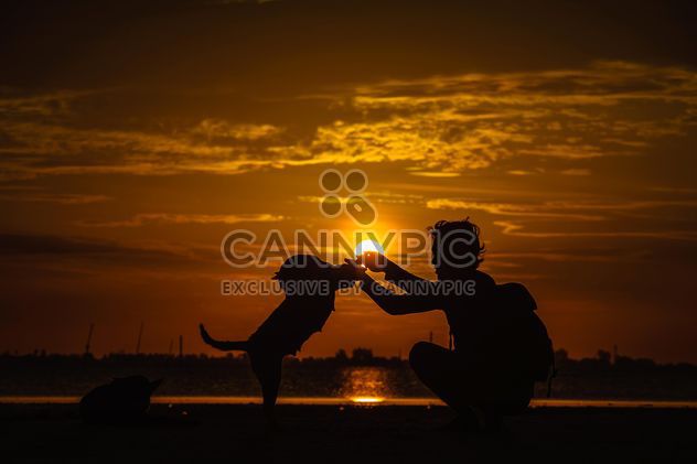 silhouette of man and dog at sunset - image #303977 gratis