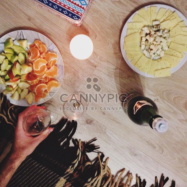 warm evening with wine, cheese and fruits - image gratuit #304027 