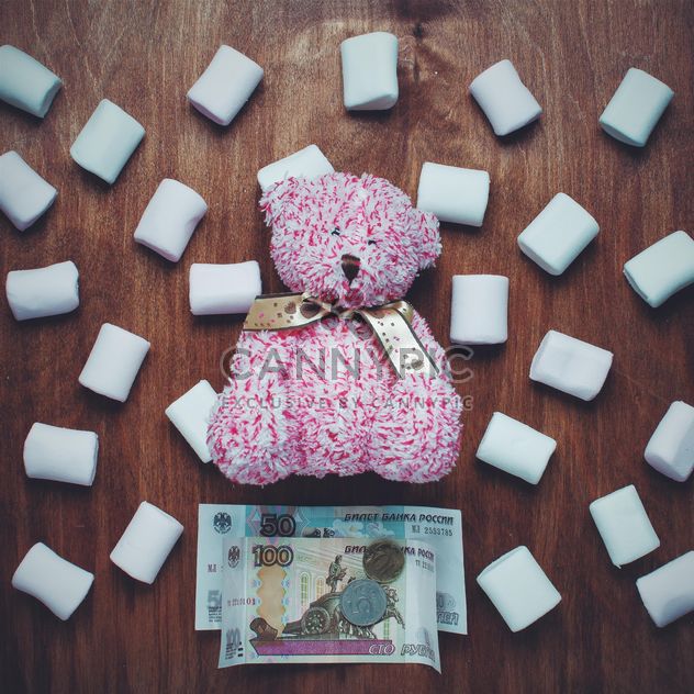 Pink teddy bear, marshmallows and money - Free image #305767