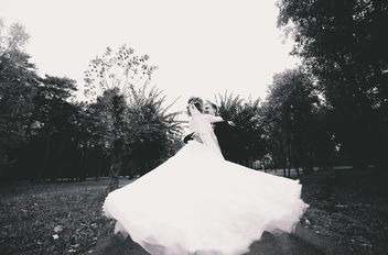 Happy wedding couple in park, black and white - image #345887 gratis