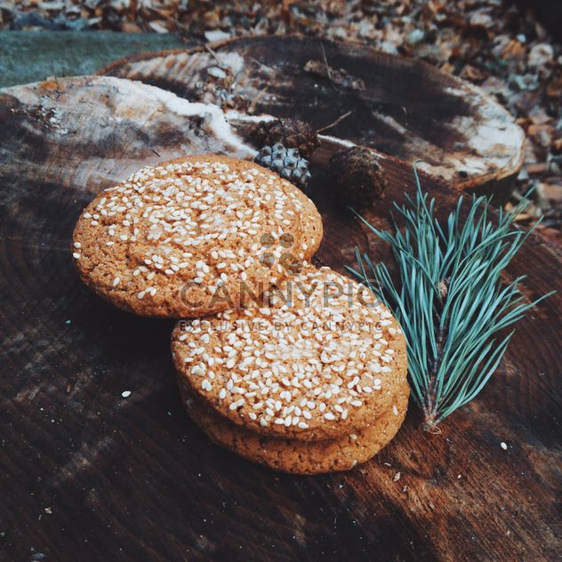 Cookies with sesame on wooden stump - Free image #347177