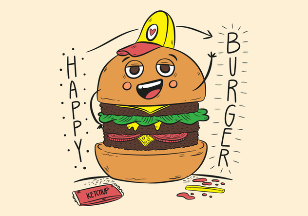 Funny Character Burger With Hat And Ketchup - vector gratuit #438617 
