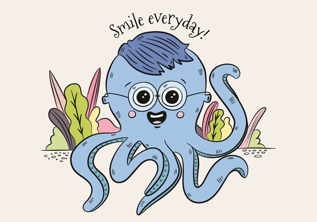 Cute Blue Octopus Character Wearing Glasses And Saying Smile - vector #439867 gratis