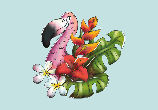 Cute Flamingo Smiling With Tropical Leaves And Exotic Flowers - Free vector #443257